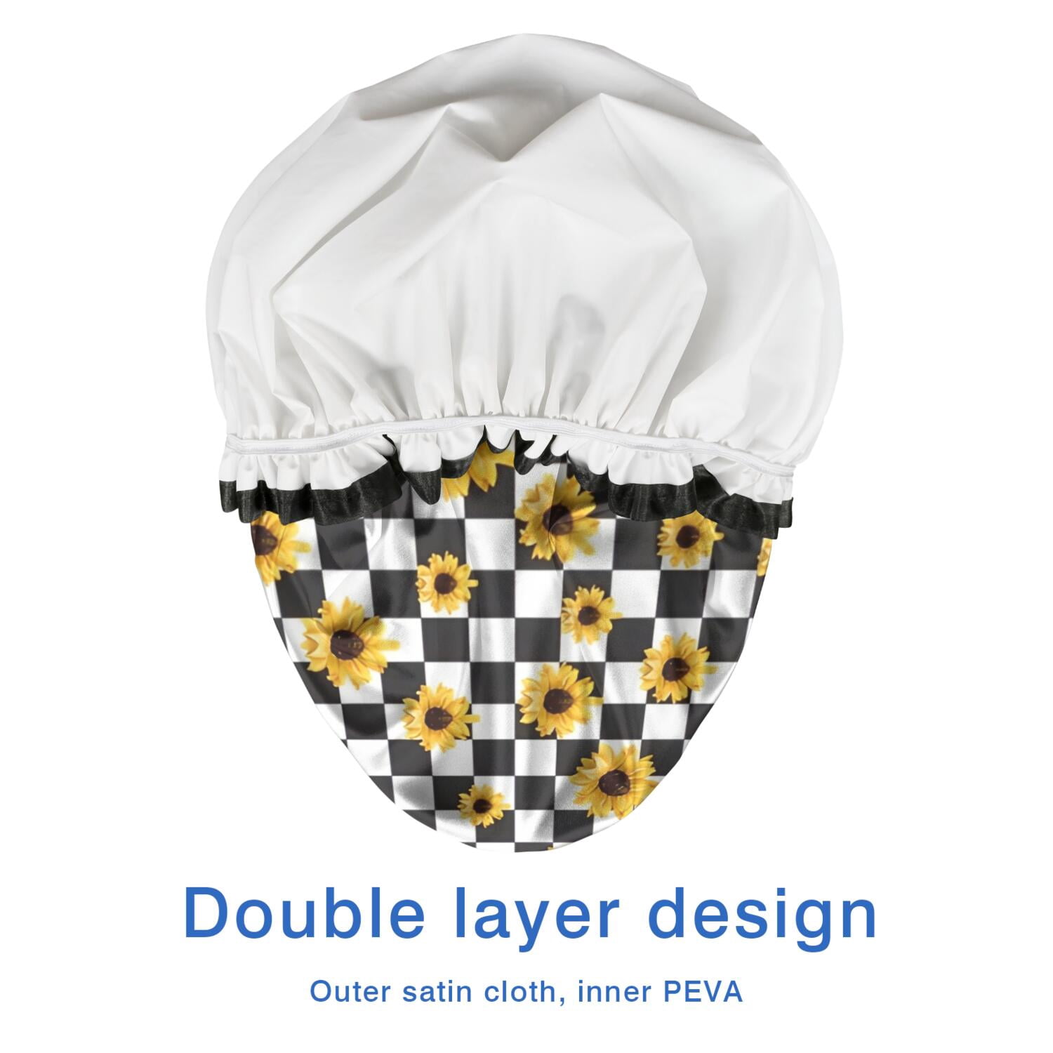 Shower Caps,Black White Checker Sunflower Pattern Waterproof Shower Cap for Women 4 Pieces,Double Reusable Hair Cover for Shower PEVA Elastic Stretch Hem