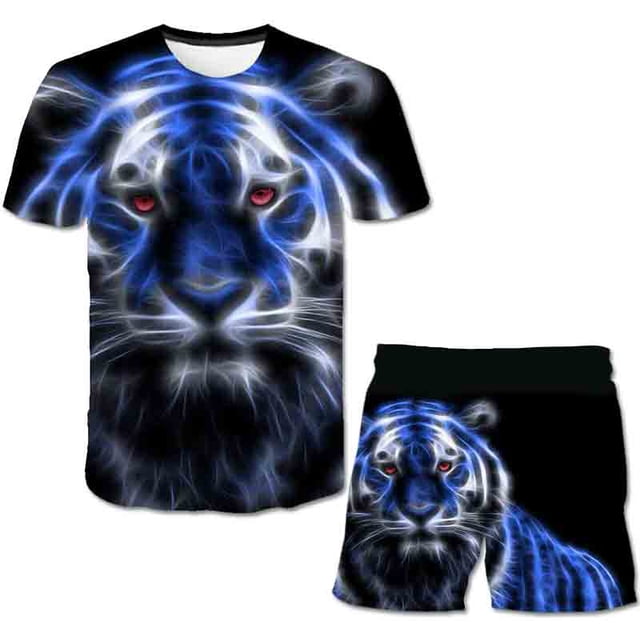 Trajes de tigre para niños, camisetas de manga corta con estampado de dibujos animados de verano y pantalones cortos, conjunto de dos piezas, ropa informal para niños, trajes 12M Gao Jinjia LED