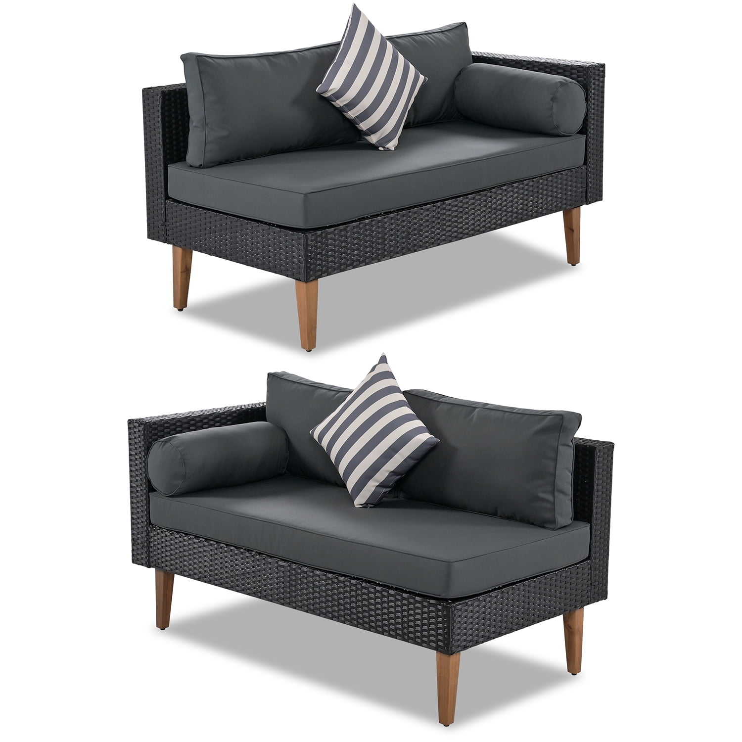 Kadyn 4-pieces Outdoor Wicker Sofa Set, Wicker Patio Furniture with Colorful Pillows, Modern L-shape sofa set for Garden, Black+ Gray Kadyn 4-pieces Outdoor Wicker Sofa Set, Wicker Patio Furniture with Colorful Pillows, Modern L-shape sofa set for Garden, Black+ Gray