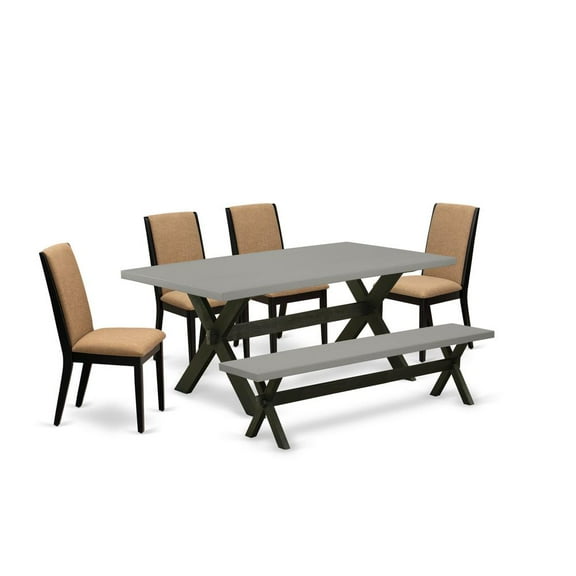 East West Furniture X697LA147-6 6-Piece Amazing Dinette Set a Good Cement Color Modern Dining Table Top and Cement Color Wooden Bench and 4 Stunning Linen Fabric Dining Chairs with Stylish Chair...