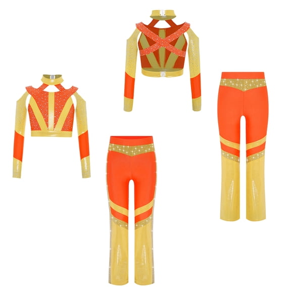 Doomiva Kids Girls Gymnastics Dance Outfits Long Sleeve Sparkly Color Block Cross-back Crop Top with Flared Pants Set Orange 8