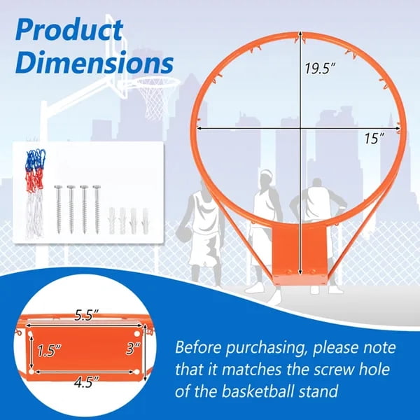 19.5"×16"×3" 15 Inch Basketball Rim Replacement, Heavy Duty Metal Hoop with All Weather Net & Mounting Hardware for Indoor Outdoor