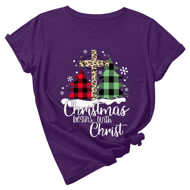 Camisas Navideñas A Cuadros Para Mujer, Cuello Redondo, Entramado, Estampado de Árbol de Navidad, Camisetas de Manga Corta Odeerbi ODB207945