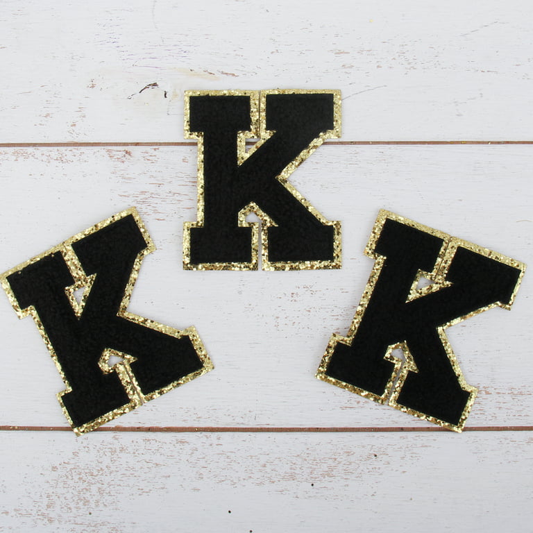 3 Pack Chenille Iron On Glitter Varsity Letter K Patches - Black