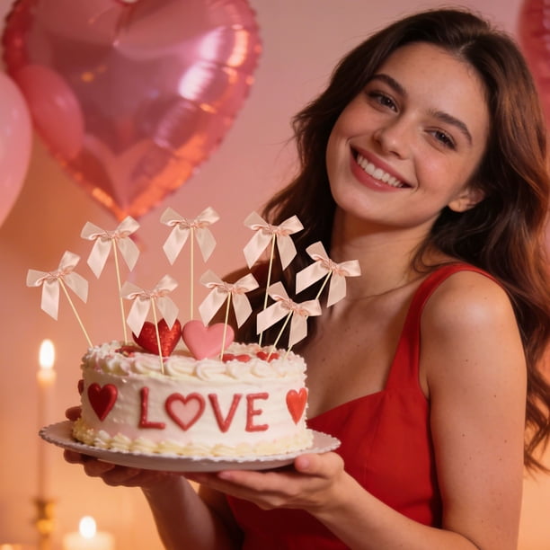 Decoraciones de moño para cupcakes Pastos de moño – Cinta de satén rosa, decoración de doble cara, decoraciones de 24 cupcakes para bodas, compromiso, cortejo nupcial, sin necesidad de bricolaje