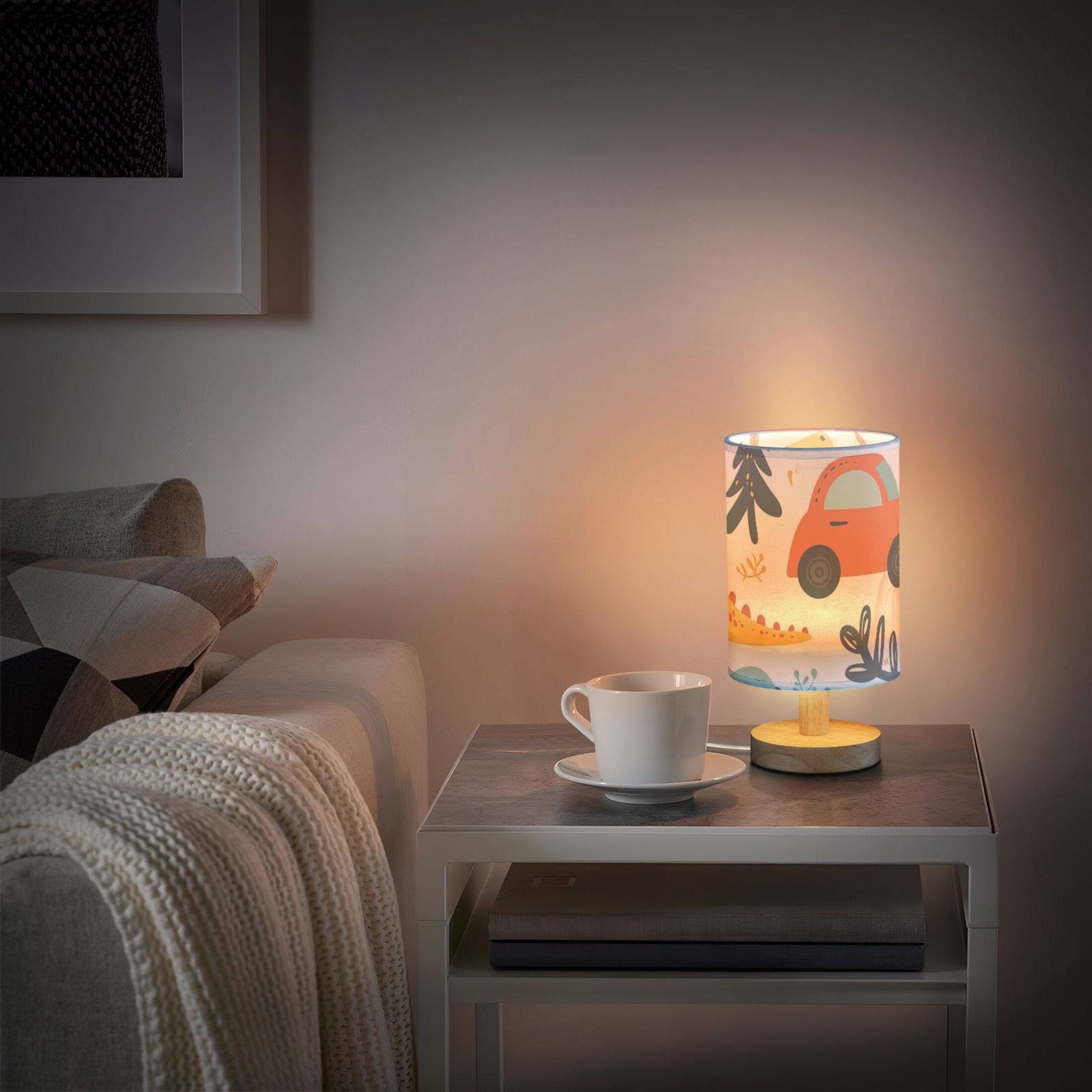 Dinosaurs Birds Leaves Cars Table Lamp USB Bedside Desk Nightstand Lamp Printed Gifts Small Lamp Wood Base for Bedroom Living Room Kids Room College Dorm