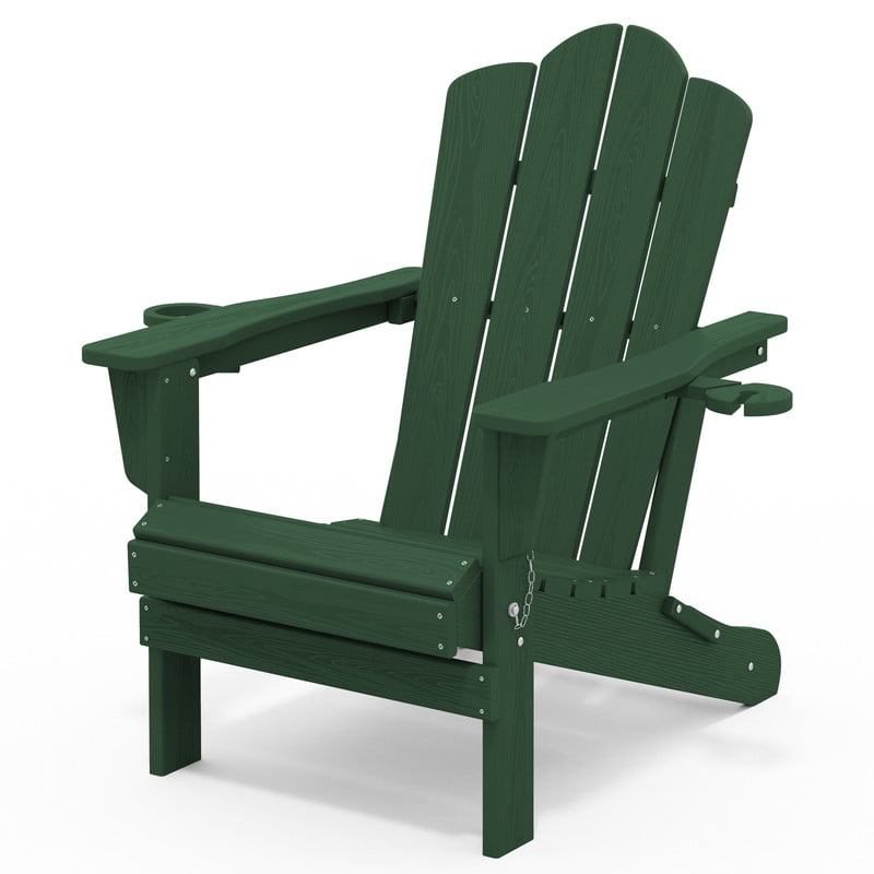 RIAFUN Outdoor Patio chair, Folding HDPE Resin Adirondack Chair with Double Cup Holder, Dark Green