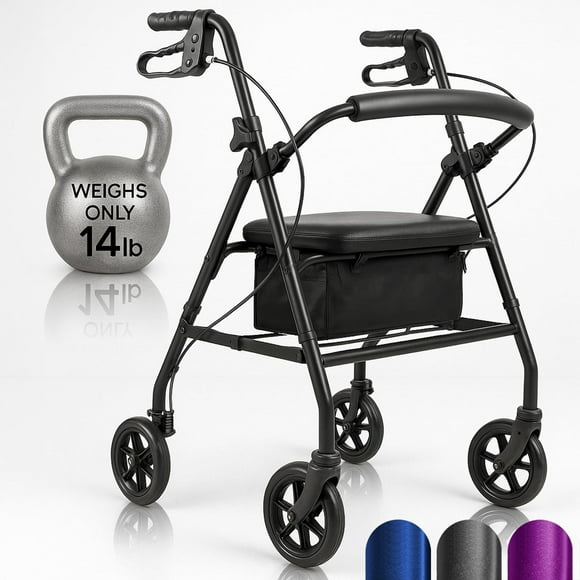 Andador ultraligero Vive Mobility con asiento: plegable, estrecho y con ruedas para personas mayores en espacios reducidos. Andador de aluminio de 4 ruedas para adultos, fácil de manejar, con accesori