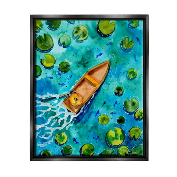 Pond Lilies Lake Boat Splash Transportation Painting Jet Black Framed Art Print Wall Art