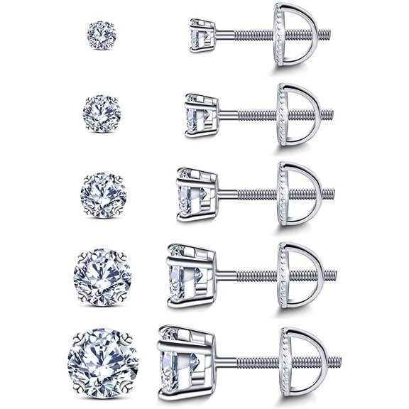 18K White Gold Plated Hypoallergenic 4-Prongs 3-7mm Clear Round Cut Cubic Zirconia Screw Back Earrings Stud for Women and Men ( 5 Pairs )