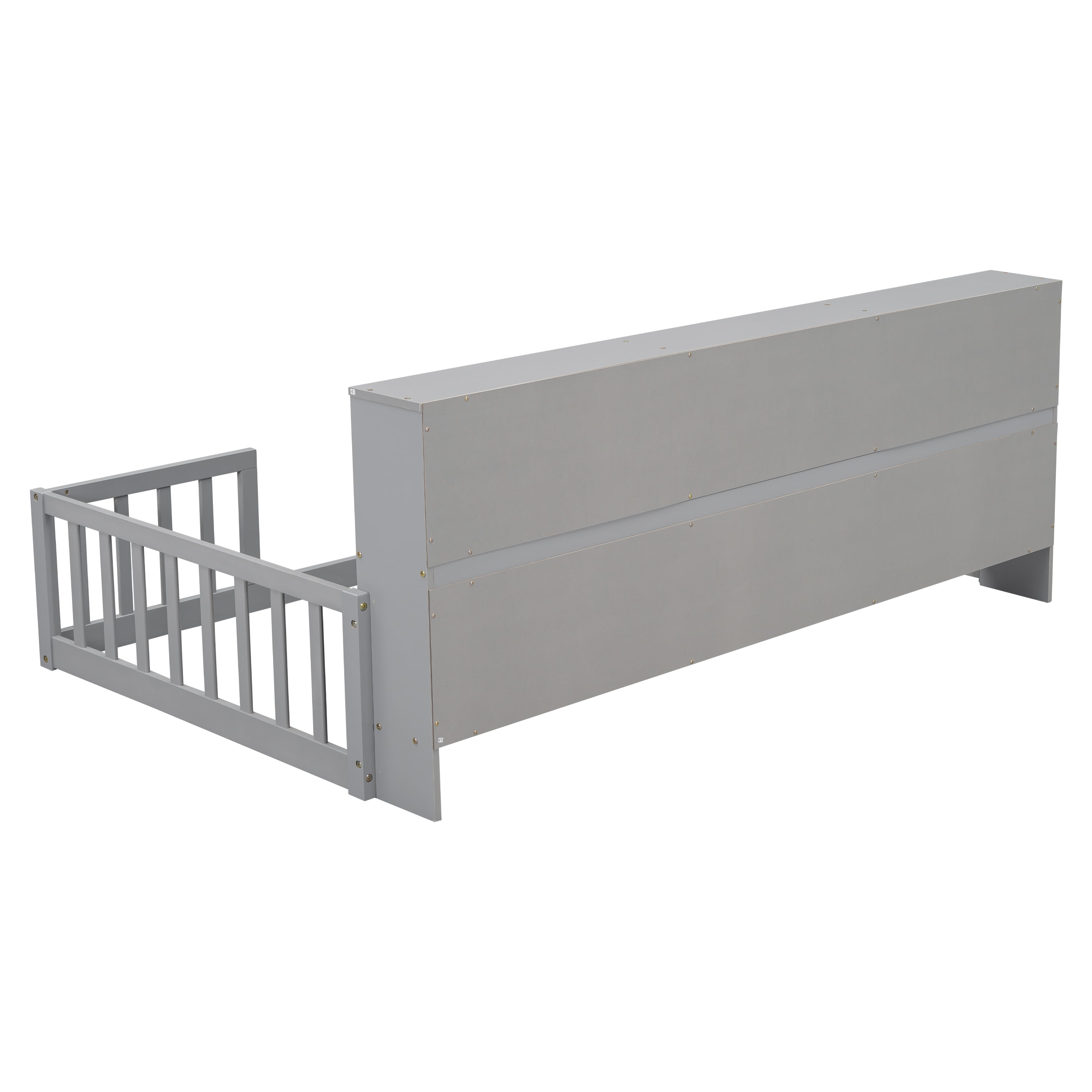 Miniyam Twin Floor Bed with Bookcase Shelves and Guardrails, Wood Low Profile Bed Frame, Gray