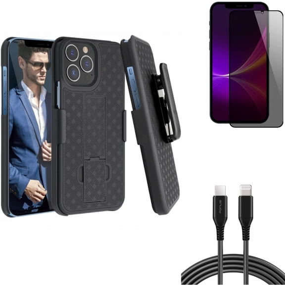 10ft PD Cable & Case Belt Clip & Privacy Screen Protector for iPhone 13 Pro Max ONLY - USB-C Fast Charger Long   Holster Swivel Cover   Tempered Glass Curved Anti-Spy Combo