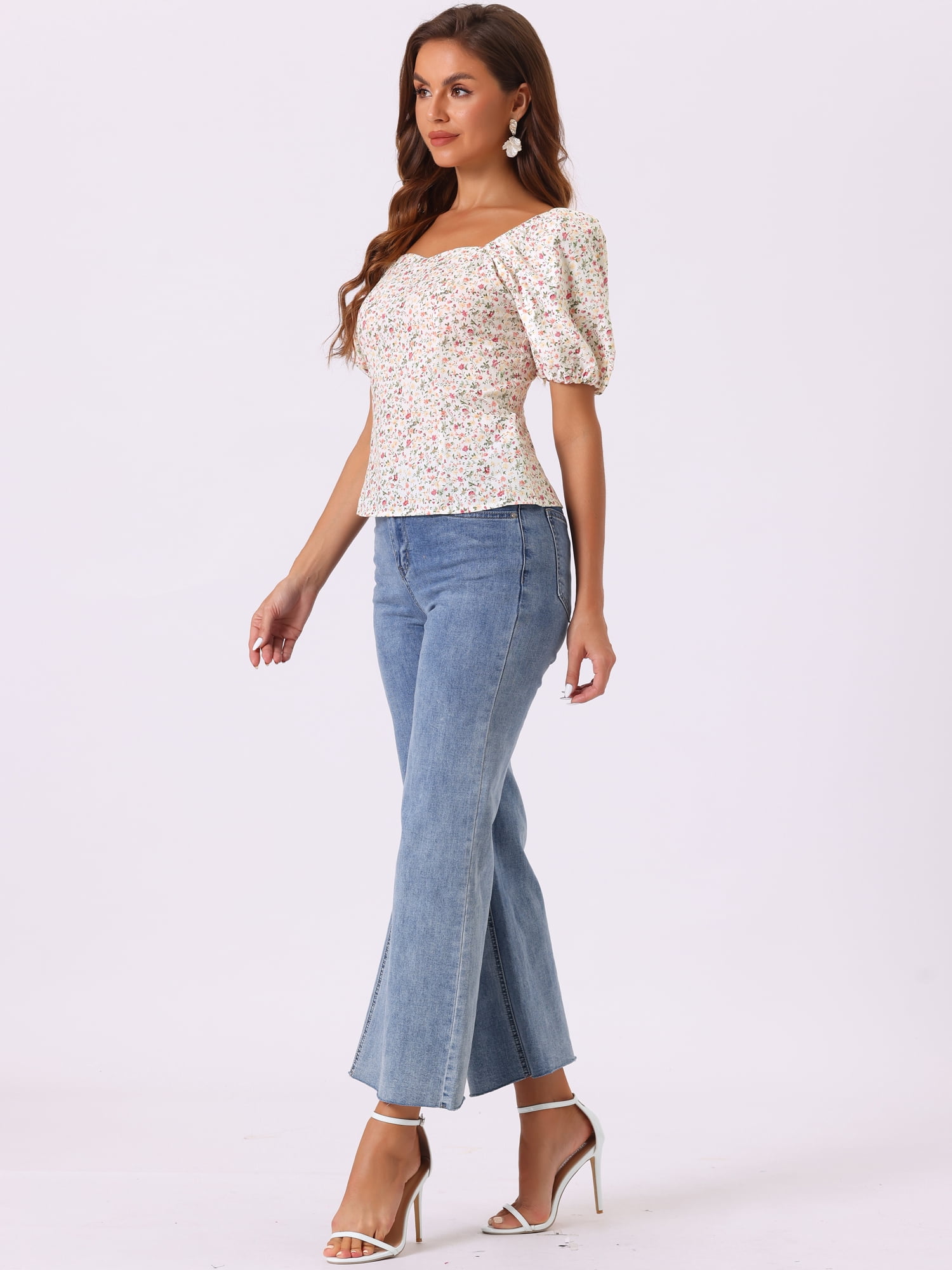 DARING DIVA Puff Sleeve Sweetheart Neck Smocked Floral Top S White Yellow