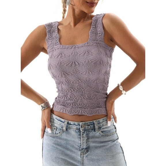 Xsylife Women's Floral Jacquard Cami Tank Tops Wide Shouder Strap Sleeveless Lettuce Trim Square Neck Crop Vest Fitted Streetwear