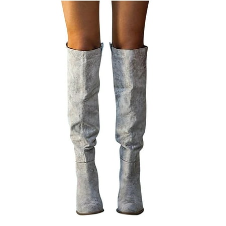 

KIJBLAE Women s Slouchy Boots Ladies Winter Shoes Vintage Suede Leather Boots Side Zipper High Heel Boots Warm Comfortable Boots Gray 7.5