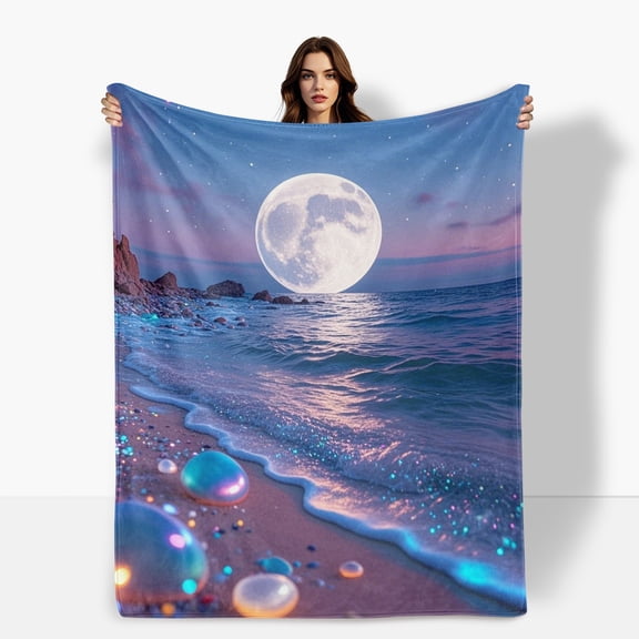 Full Moon Ocean Beach Blue Themed Cozy Fleece Blanket Soft Warm Comfortable For Sofa Bed Travel Camping Living Room Office Chair Polyester Gift For Family Or Friends