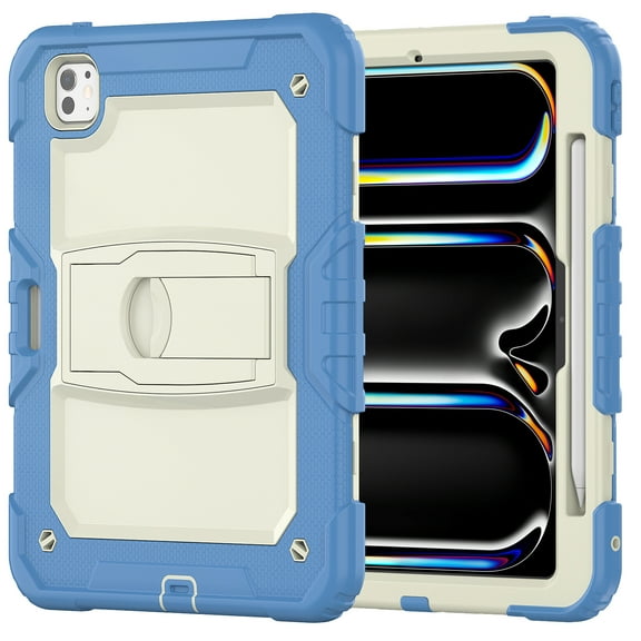 Case for iPad Pro 11 2022 2021 2020 2018/Air4/Air5, Protective Silicone PC Cover with Screen Protector & Adjustable Kickstand & Shoulder Strap & Pencil Holder & 3-layer Protection, Skyblue Beige