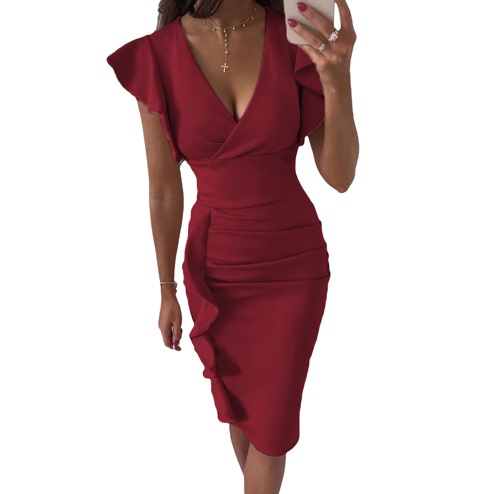 Loliuicca Women's Vintage Wrap V Neck Ruffle Sleeve Bodycon Midi Dress  Ruched Evening Party Cocktail Pencil Formal Dress - Walmart.com