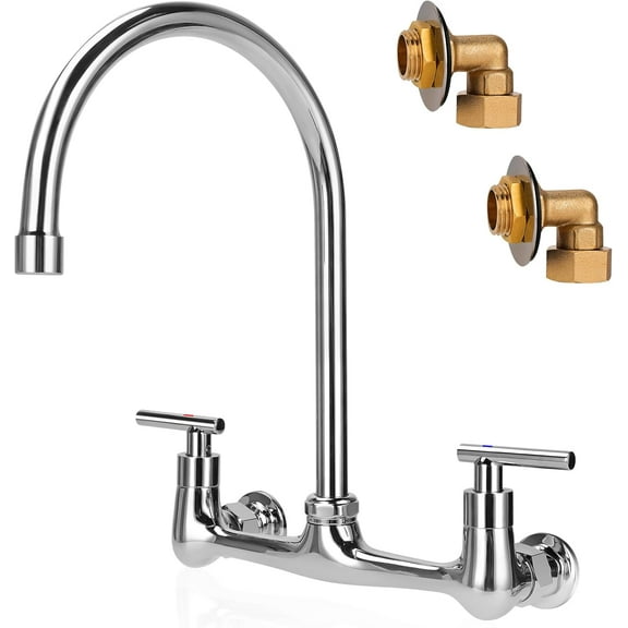 Wall Mount Kitchen Faucet with 8" Gooseneck Swivel Spout, 8 Inch Center Commercial Kitchen Sink Faucet 2 Handle Wall Mount Utility Sink Faucet for Kitchen Restaurant Compartment Sink