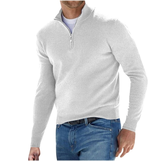 JUNWELL Mens Sweaters with Zipper Wool Sweater Stand Up Collar Solid Long Sleeved Knitted Pullovers