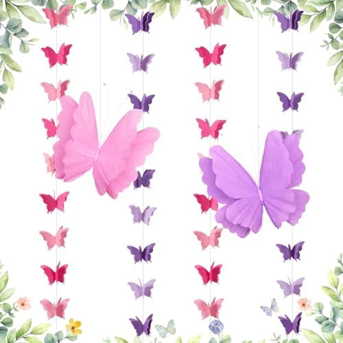 Butterfly Decorations with 20 Inch Large Hanging Butterflies and Butterfly Garland, Purple Butterfly Party Decortions for Birthday, Baby Shower Wedding Showcase Decoration Supplies