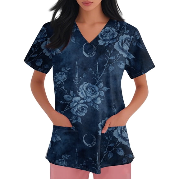 Halloween Medical Scrub Top, Stretch Comfort Nursing Uniform with Multi Pockets for All Healthcare Workers, Washable Holiday Care Work Shirt 01-Purple S