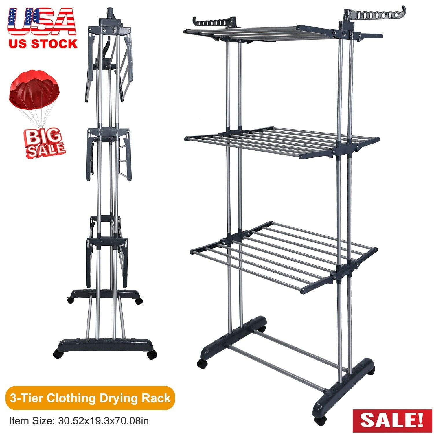 3Tier Stainless Laundry Organizer Folding Drying Rack Clothes Dryer Hanger Stand 