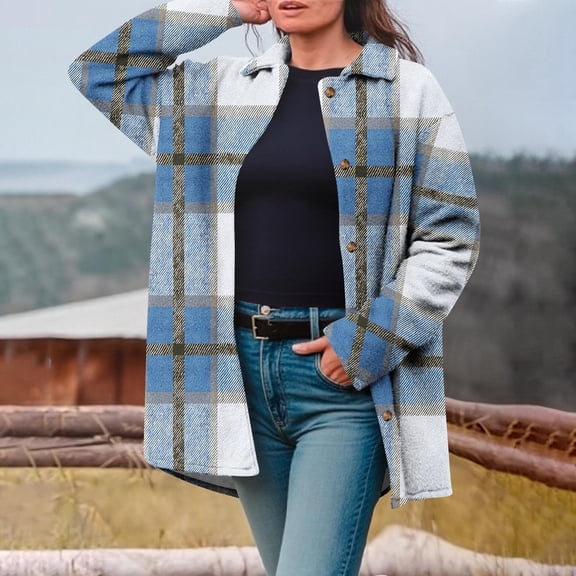 Fanxing Long Flannel Plaid Jacket for Women Warm Fuzzy Checkered Fleece Coat Casual Lapel Button Down Winter Outerwear Blue M