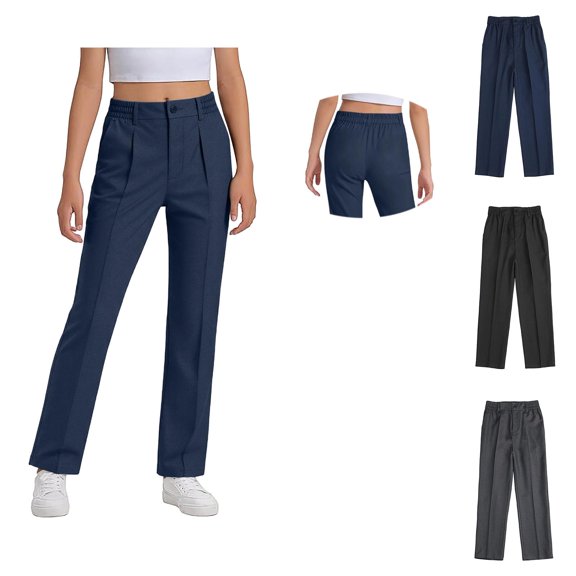 Girls Uniform Pants Elastic Waist Straight Boys Slim Fit Unisex Navy School Uniform Pants Boys Back to School Clothes Size 4-18 Years