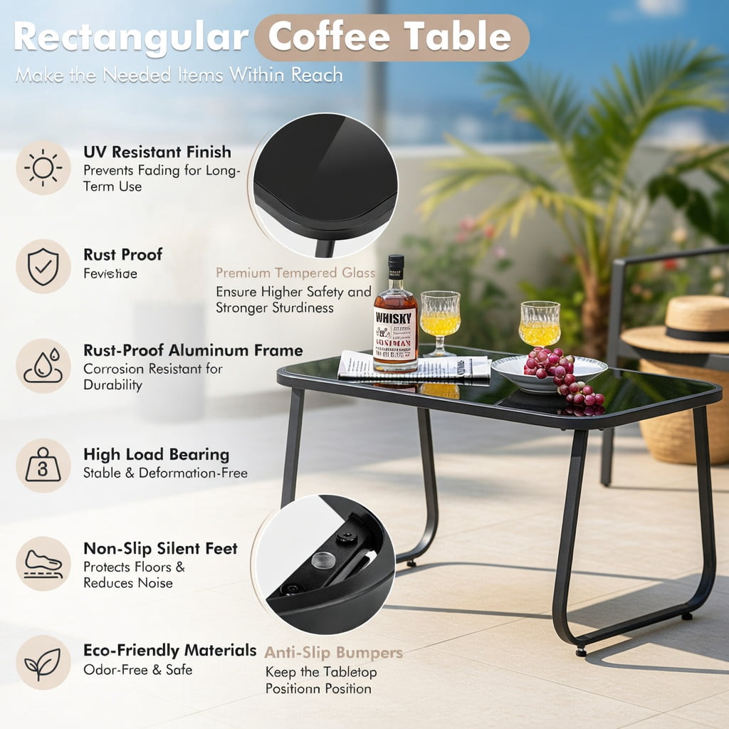 Hommoo 4-Piece Outdoor Patio Conversation Set with Tempered Glass Coffee Table, Metal Frame Loveseat & Armchairs for Backyard, Garden, or Deck, Black