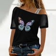 thumbnail image 2 of Blusa casual para mujer Camiseta estampada Malla Fuera del hombro Patchwork Manga corta Tops Pompotops  hkajfhjk473604, 2 of 7
