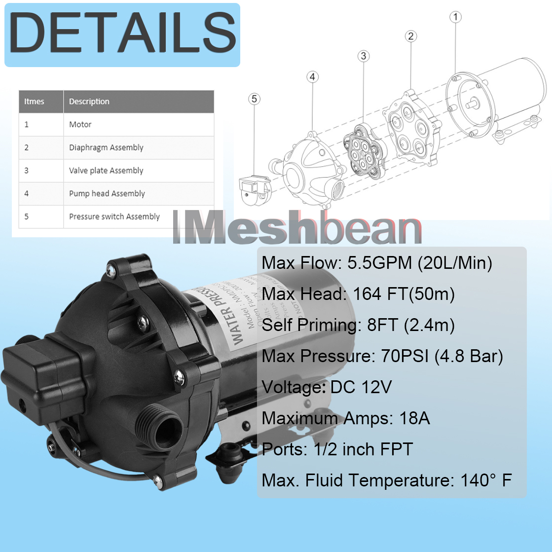 iMeshbean RV Water Pump 5.5 GPM 5.5 Gallons Per Minute 12V Water Pump Automatic 70 PSI Diaphragm Pump with 25 Foot Coiled Hose Washdown Pumps for Boats Caravan Rv Marine Yacht - image 2 of 7