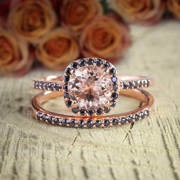 6mm Round Cut 2.25 Carat Peach Pink Morganite and Black Diamond Moissanite Engagement Bridal Wedding Ring Set with 18k Gold Plating