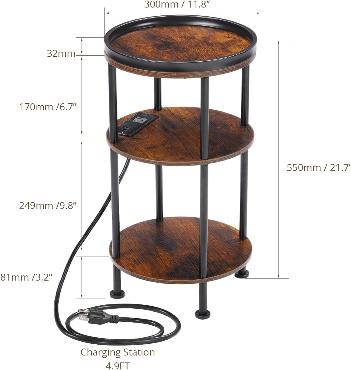 Small Round Side Table with Charging Station for Small Spaces, 3-Tier Round Accent Table with USB Ports & Power Outlets, Round Corner Table Tea Sofa Side Table for Living Room Bedroom (Rustic Brown)