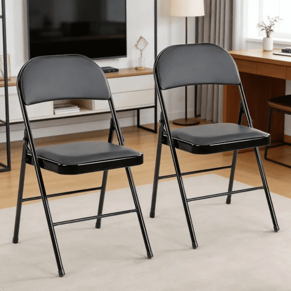 Black Leather Padded Folding Chairs 2 Pack, Heavy Duty Portable Foldable Guest Chairs