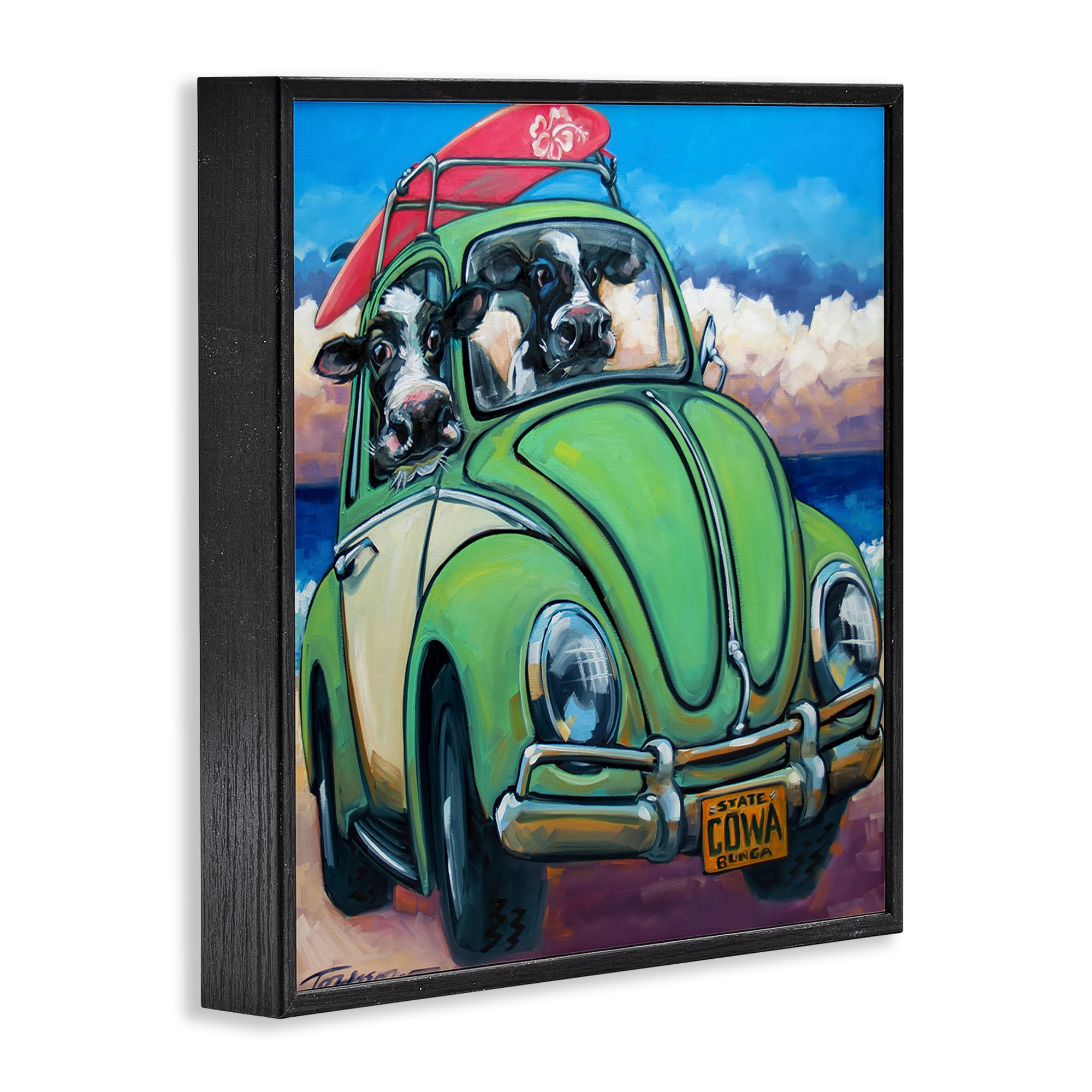 Stupell Industries Cowabunga Surfer Cows Black Framed Giclee Art, design by CR Townsend