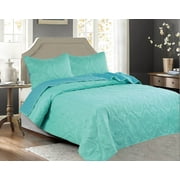 3 PCS Shell & Seahorse Stitched Pinsonic Reversible Lightweight All Season Bedspread Quilt Coverlet Oversize, Turquoise Color, Queen Size