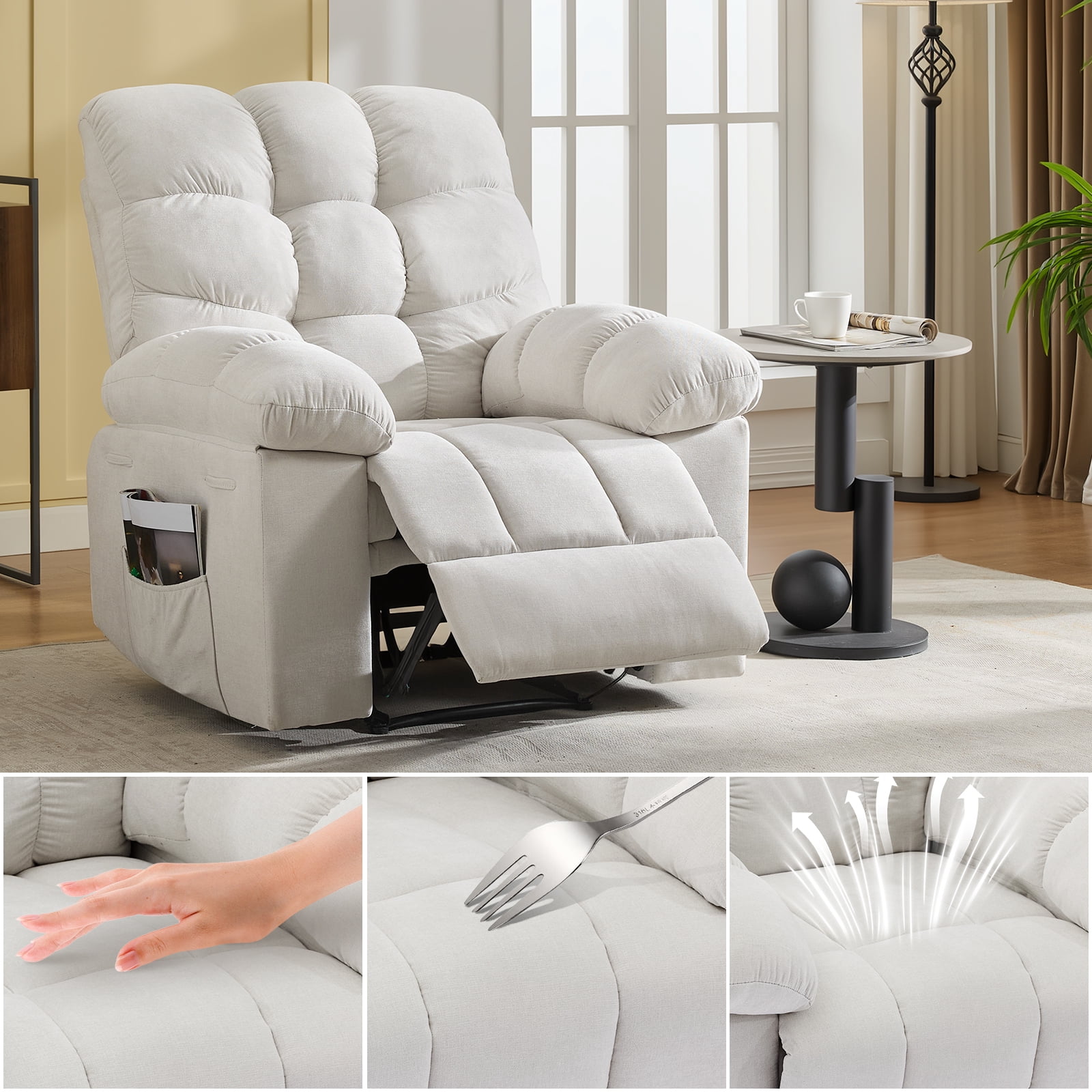 Recliner Chair for Adult, Recliner with Massage&Heating, Manual Recliners, Upholstery Overstuffed Soft Rocking Sofa Chair, Beige
