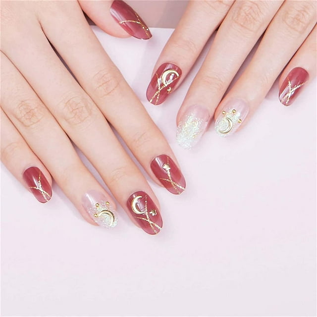 24 uds. de uñas de longitud media con diseños elegantes de moda, uñas largas y falsas con pegamento, uñas acrílicas Afortunado Sencillez