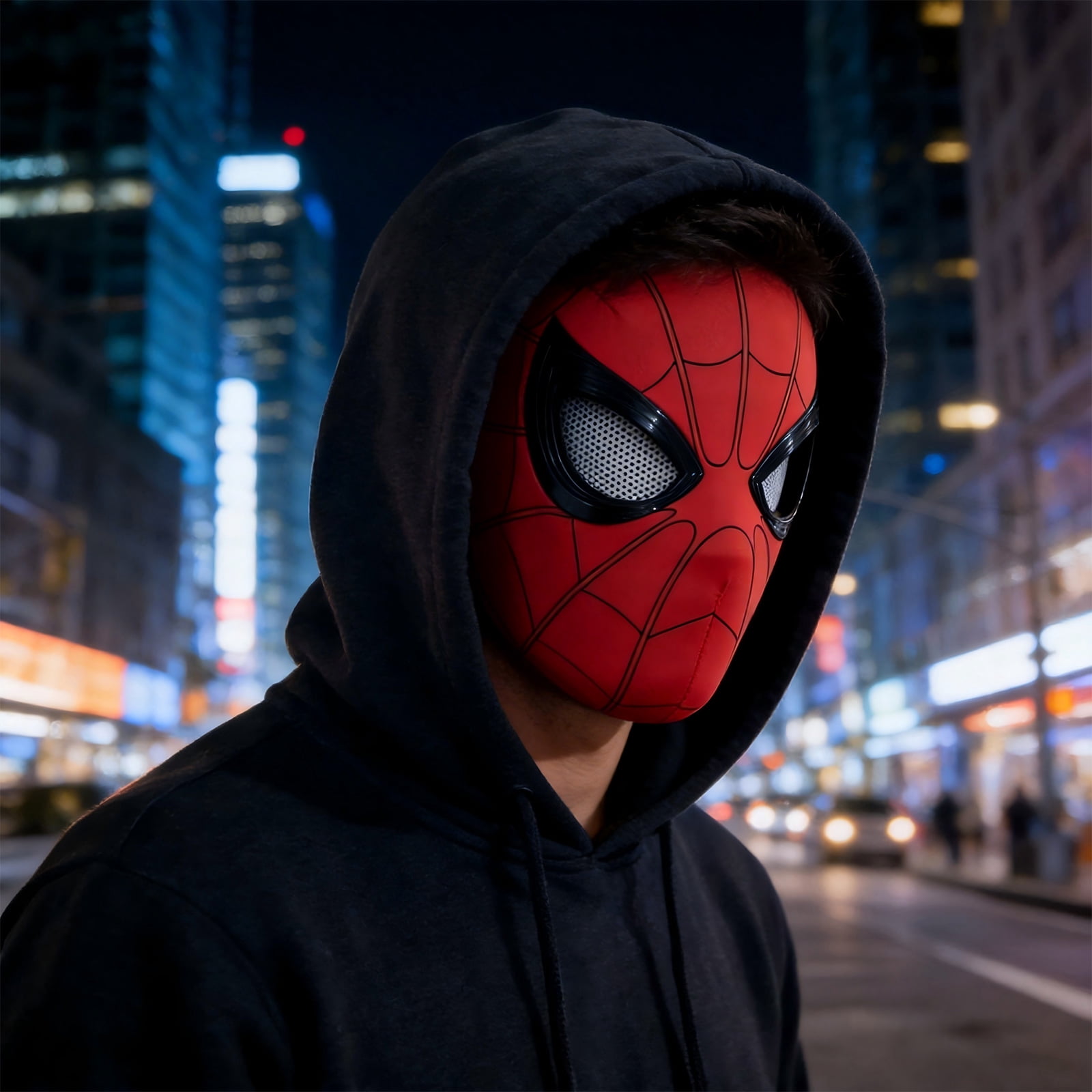 Spider Superhero Mask Blinking Eyes Remote Chin Control Full Head Helmet Gift Box Halloween Costume Photo Video Outfit Props Accent
