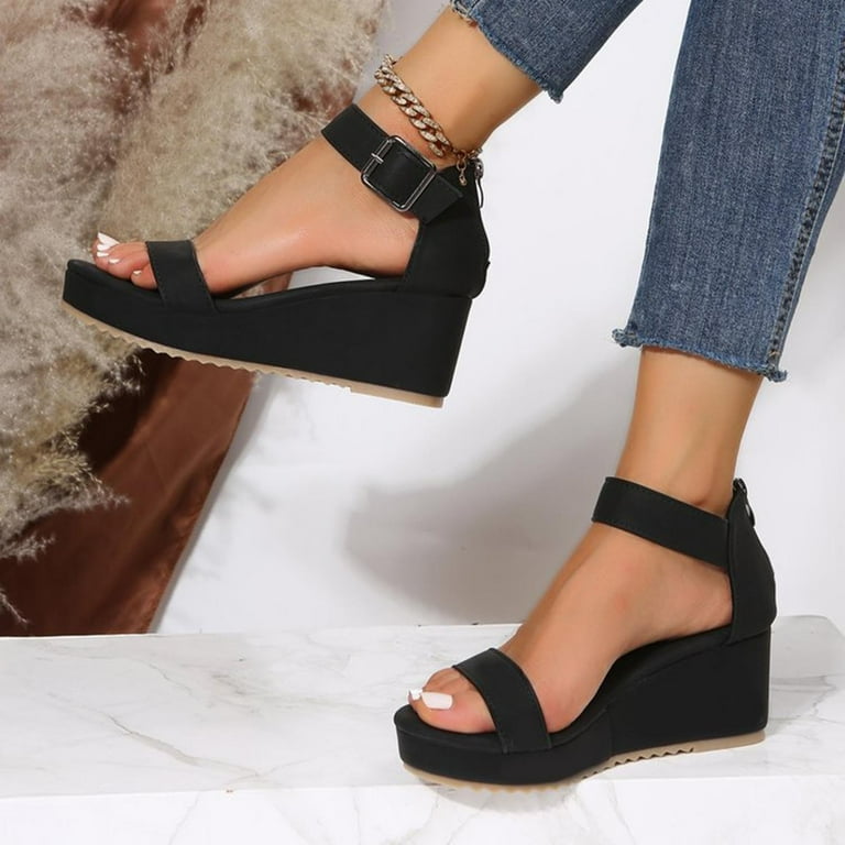 Honeeladyy black closed toe wedges for womens Summer Ladies Shoes Wedge Heel Sandals Solid Color Casual Women s Sandals