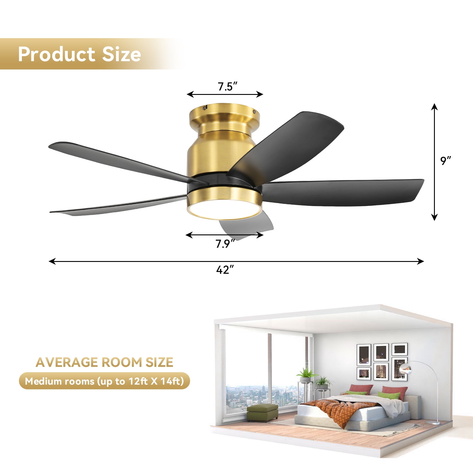 Sofucor 42 Inch Ceiling Fan with Lights and Remote for Bedroom Black and Gold