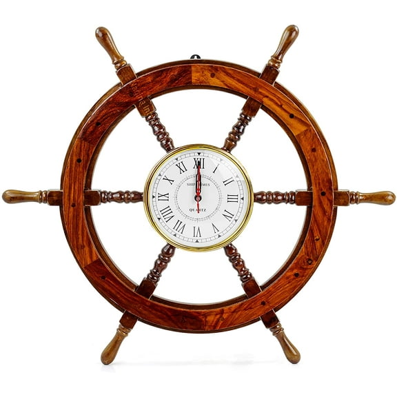 Nagina International Nautical Handcrafted Wooden Premium Wall Decor Wooden Clock Ship Wheels | Pirate's Accent | Maritime Decorative Time's Clock (30 Inches, Clock Size - 8 Inches)