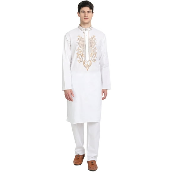 SKAVIJ Kurta Pajama Set for Men Long Sleeve Cotton Party Dress White M