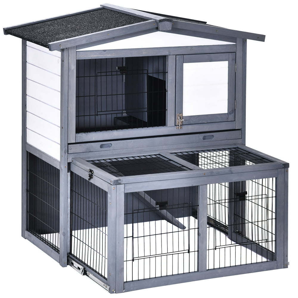 PawHut Deluxe Wooden 2 Story Rabbit Hutch with SlideOut Outdoor Run