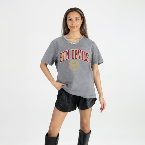 Women's Gameday Couture Gray Arizona State Sun Devils Iconic Edge Rhinestone V-Neck T-Shirt