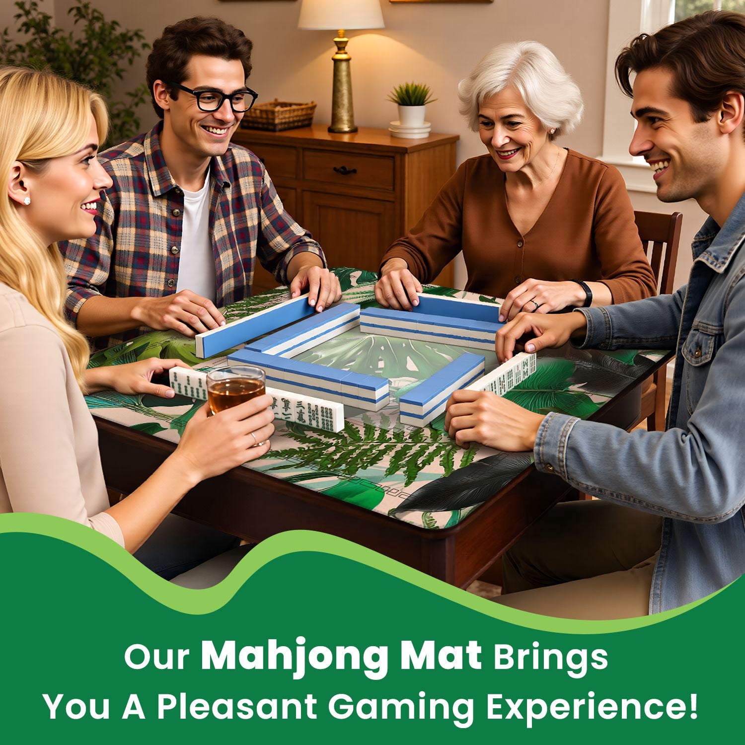 Mahjong Mat 31.5" x 31.5" tropical palm leaves seamless stylish fashion floral Non-Slip Noise Reduction American Mahjong Tiles Table Cover for Dominoes Poker Card Board Games Gift