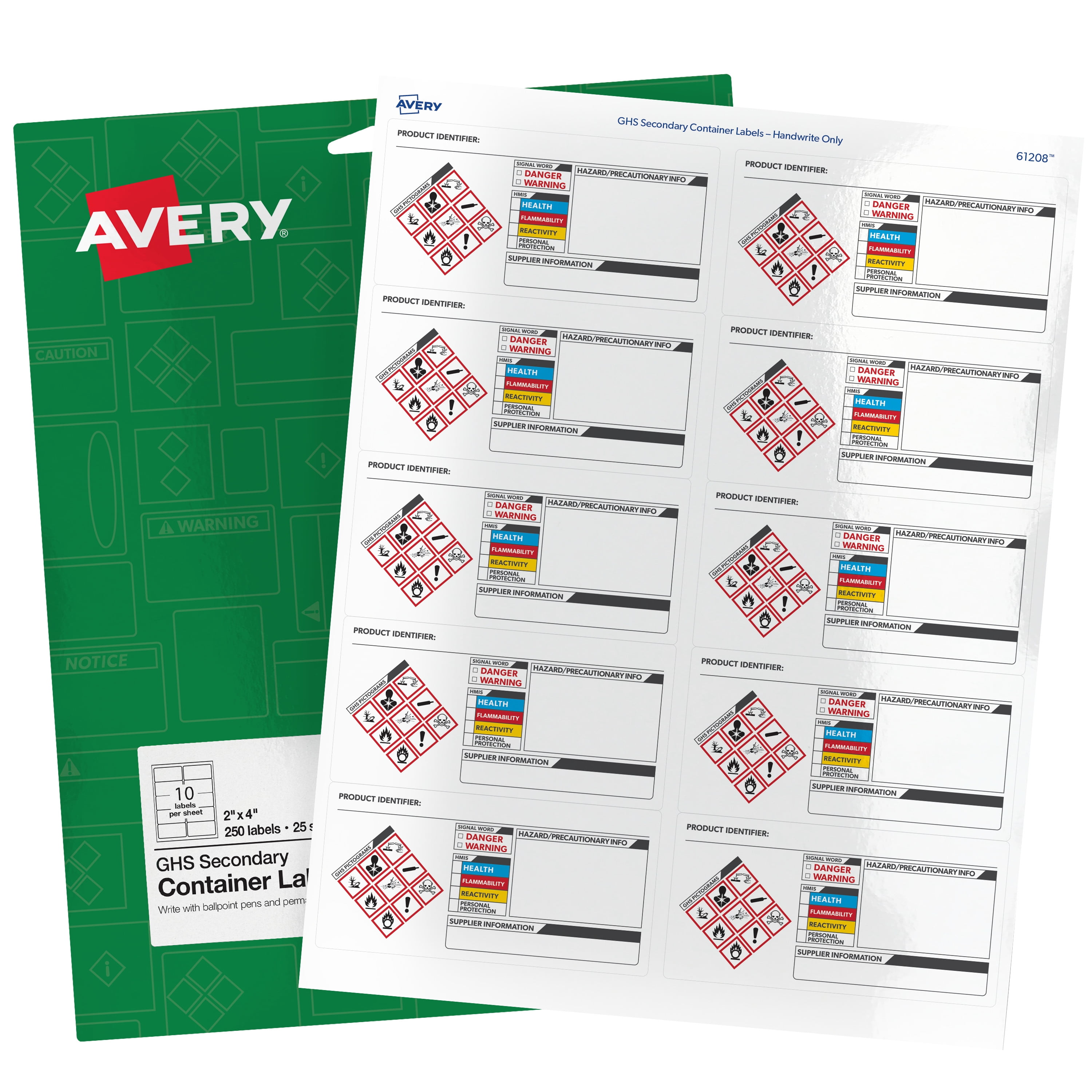 Avery GHS Secondary Container Labels, PrePrinted, Handwrite Only, 2" x