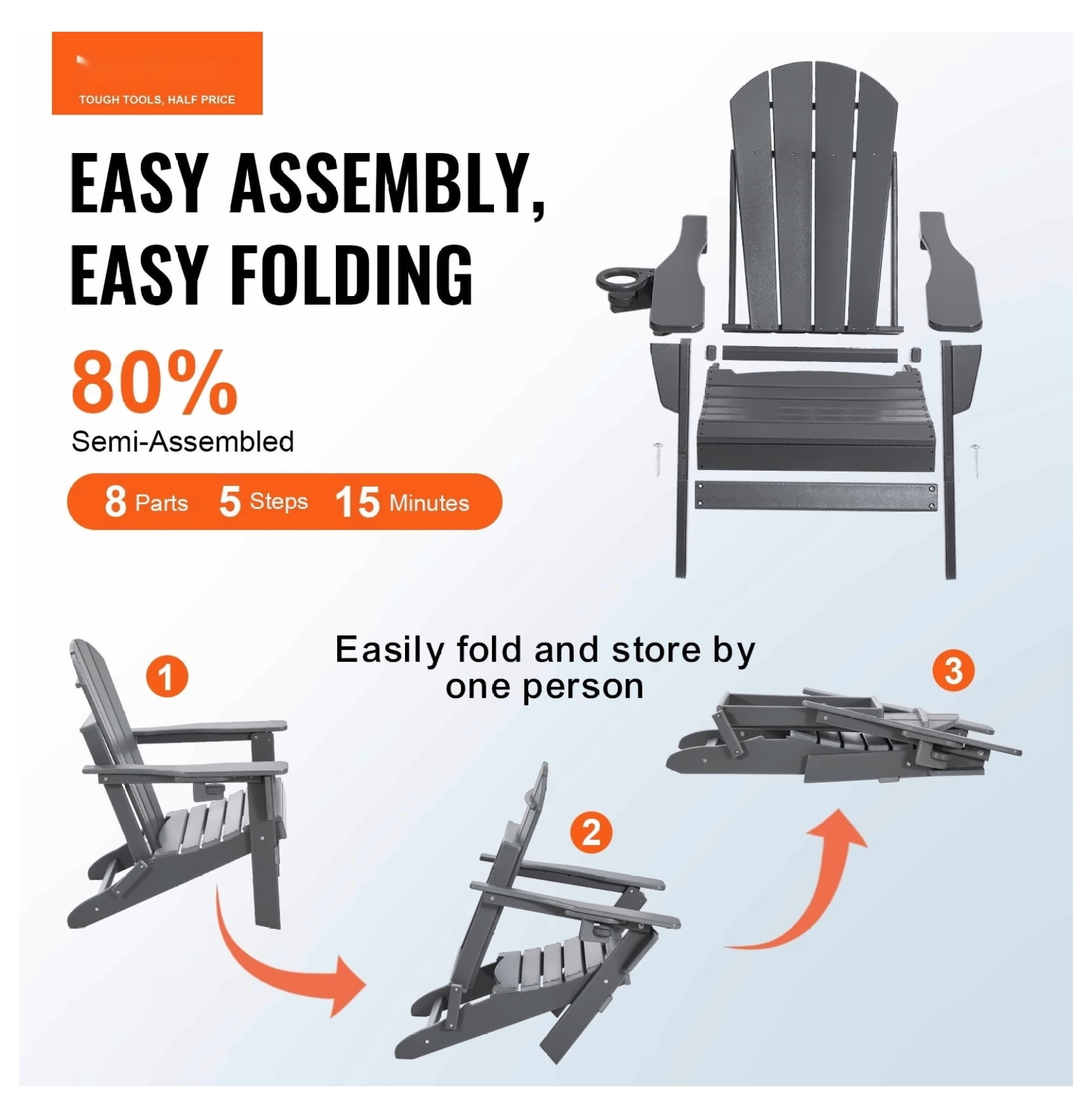 Adirondack Chairs Set of 2, Plastic Folding Outdoor Patio Furniture, All-Weather Fire Pit Chairs, Gray