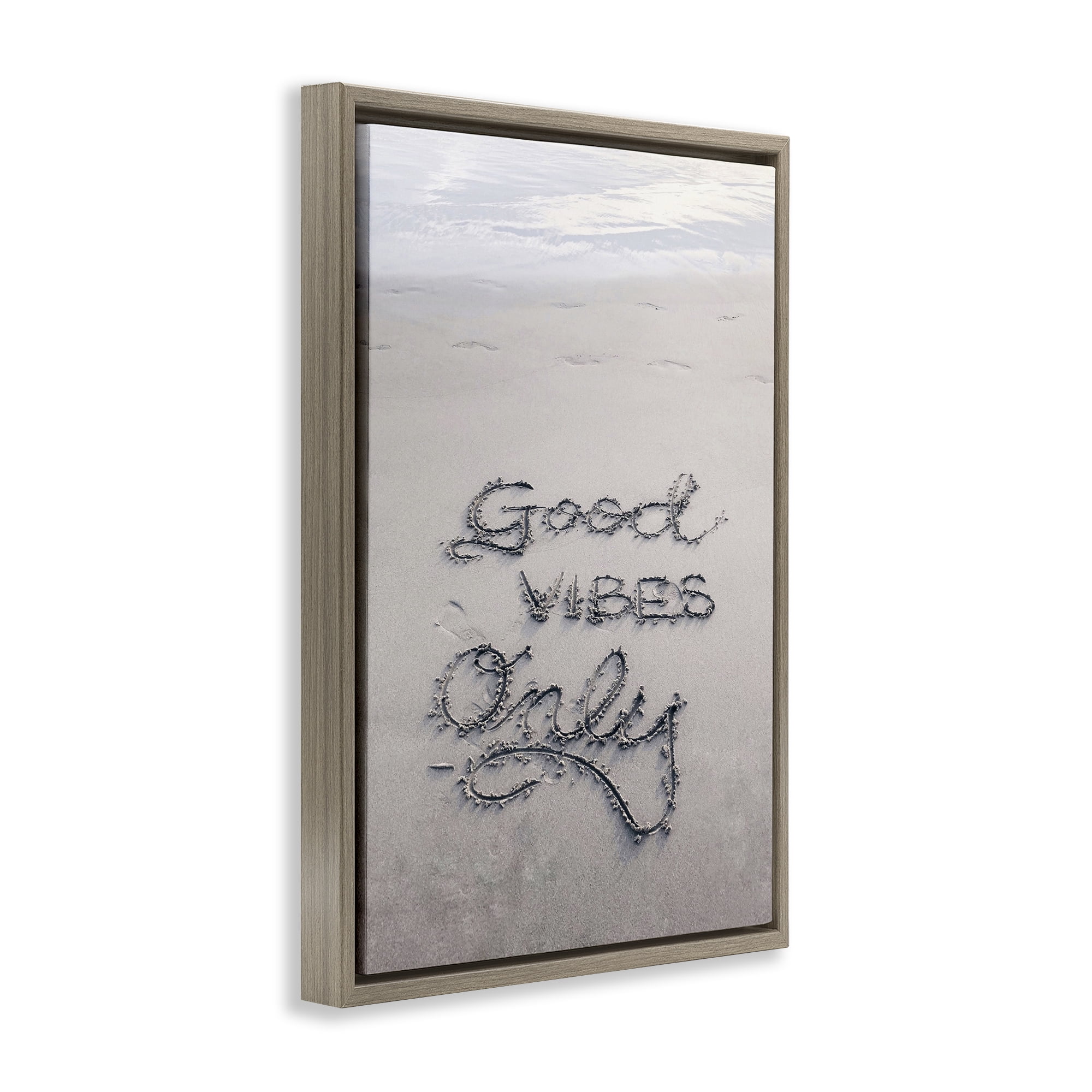 Stupell Industries Good Vibes Only in Sand Nautical & Beach Photography Brown Floater Framed Canvas Art Print Wall Art, 17 x 25